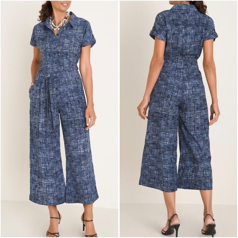 Maggie London Printed Blue Tie-Waist Wide-leg Cropped Jumpsuit Size 12